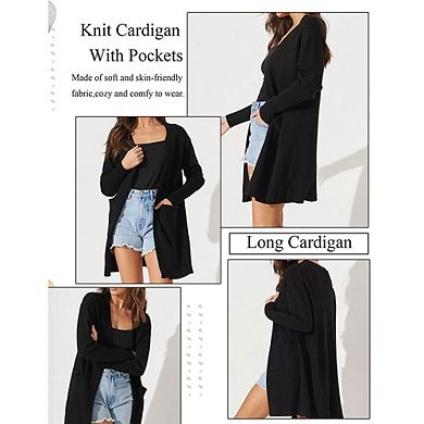 Women Knit Cardigan Long Sleeve with Pockets Casual Open Front Sweater Coat