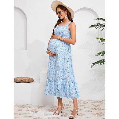 Women Smocked Maternity Boho Dress Summer Casual Spaghetti Strap Ruffle Sleeveless Flowy Maxi Dress