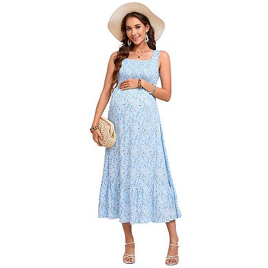 Women Smocked Maternity Boho Dress Summer Casual Spaghetti Strap Ruffle Sleeveless Flowy Maxi Dress