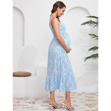 Women Smocked Maternity Boho Dress Summer Casual Spaghetti Strap Ruffle Sleeveless Flowy Maxi Dress