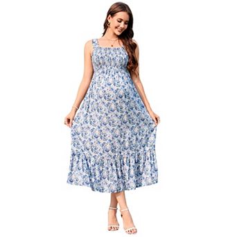 Women Smocked Maternity Boho Dress Summer Casual Spaghetti Strap Ruffle Sleeveless Flowy Maxi Dress