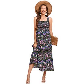 Women Smocked Maternity Boho Dress Summer Casual Spaghetti Strap Ruffle Sleeveless Flowy Maxi Dress