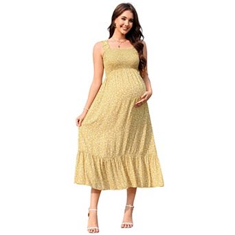 Women Smocked Maternity Boho Dress Summer Casual Spaghetti Strap Ruffle Sleeveless Flowy Maxi Dress