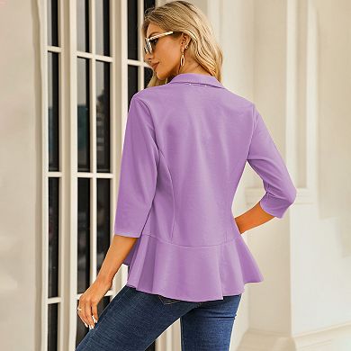 Seoria Womens 3/4 Sleeve Blazer Open Front Ruffle Hem Stretch Cardigan Jacket for Office and Casual