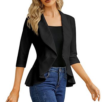 Seoria Womens 3/4 Sleeve Blazer Open Front Ruffle Hem Stretch Cardigan Jacket for Office and Casual