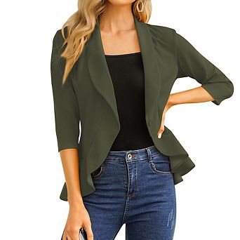 Seoria Womens 3/4 Sleeve Blazer Open Front Ruffle Hem Stretch Cardigan Jacket for Office and Casual