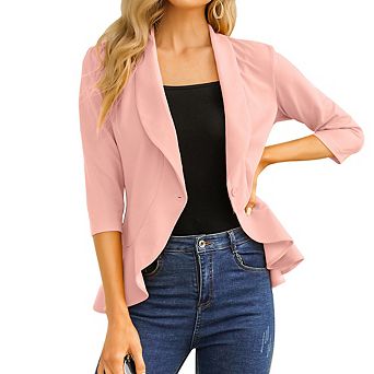 Seoria Womens 3/4 Sleeve Blazer Open Front Ruffle Hem Stretch Cardigan Jacket for Office and Casual