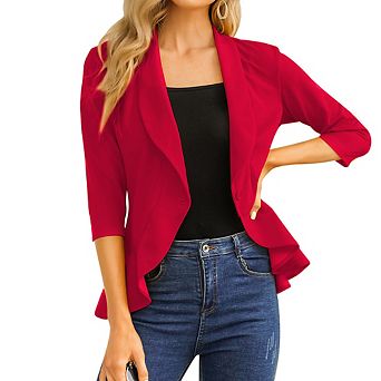 Seoria Womens 3/4 Sleeve Blazer Open Front Ruffle Hem Stretch Cardigan Jacket for Office and Casual