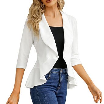Seoria Womens 3/4 Sleeve Blazer Open Front Ruffle Hem Stretch Cardigan Jacket for Office and Casual