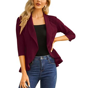 Seoria Womens 3/4 Sleeve Blazer Open Front Ruffle Hem Stretch Cardigan Jacket for Office and Casual