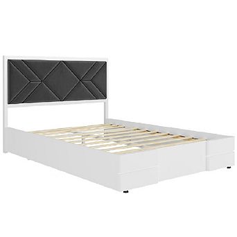 Garvee Wooden Bed Frame with Fabric Upholstered Headboard, No Box Spring Needed, Strong Slats,White