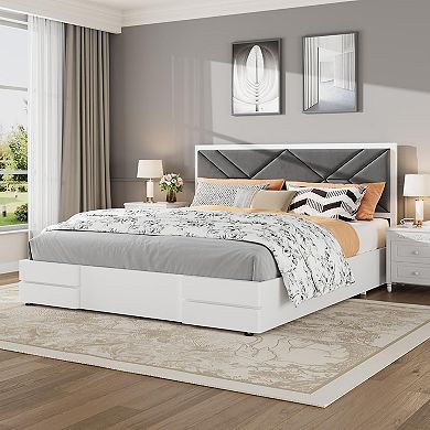 Garvee Wooden Bed Frame with Fabric Upholstered Headboard, No Box Spring Needed, Strong Slats,White