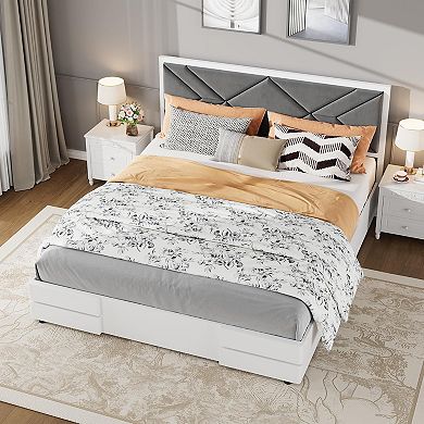 Garvee Wooden Bed Frame with Fabric Upholstered Headboard, No Box Spring Needed, Strong Slats,White