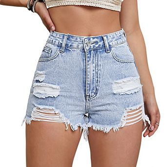 Womens Ripped Distressed Raw Trim Skinny Denim Shorts Y2K Plain Zipper Fly Straight Leg Jean Shorts