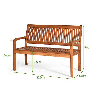 Two Person Solid Wood Garden Bench with Curved Backrest and Wide Armrest