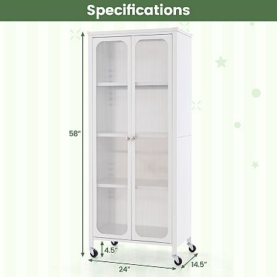 Glass Doors Storage Cabinet with Wheels and Adjustable Shelves-White