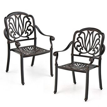 2 pc Patio Cast Aluminum Dining Chairs with Armrests-Bronze
