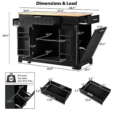 Whisen Classic Style Kitchen Islands on 5 Wheels with 3 Drawer and 3 Open Side Racks