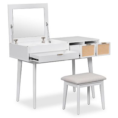 Whisen Classic Wood Makeup Vanity Set with Flip-top Mirror, Stool, 3 Drawers and storage space