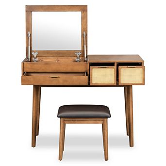 Whisen Classic Wood Makeup Vanity Set with Flip-top Mirror, Stool, 3 Drawers and storage space