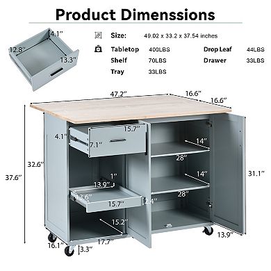 Whisen Kitchen Island with Weels, Foldable Counter Top, Slide-Out Shelf, Towel Rack and Drawer