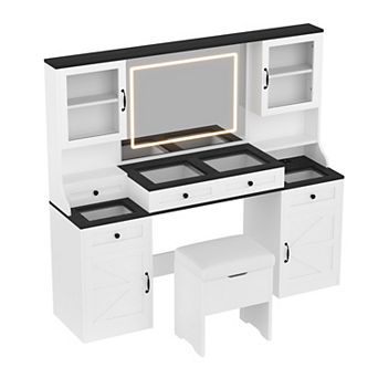 Whisen Vanity Desk with Mirror and LED Lights, Built-in Charging Station, Drawers and Cabinets