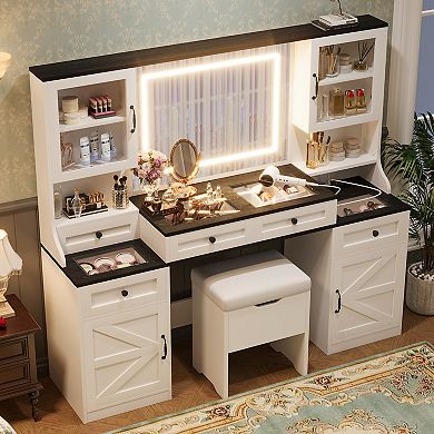 Whisen Vanity Desk with Mirror and LED Lights, Built-in Charging Station, Drawers and Cabinets