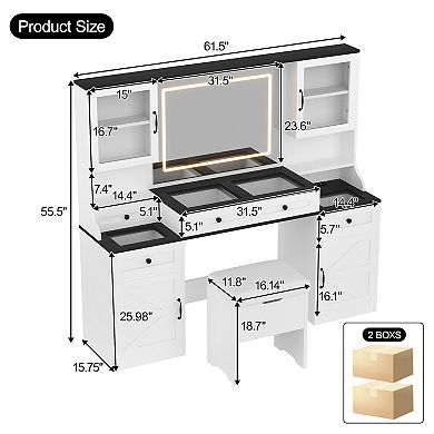 Whisen Vanity Desk with Mirror and LED Lights, Built-in Charging Station, Drawers and Cabinets