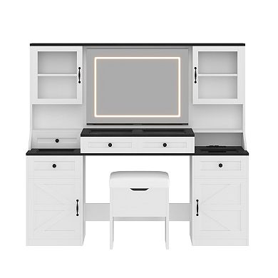 Whisen Vanity Desk with Mirror and LED Lights, Built-in Charging Station, Drawers and Cabinets