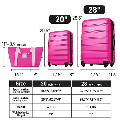 Spinner Luggage Sets of 3 with Bag 20" + 28" Suitcase