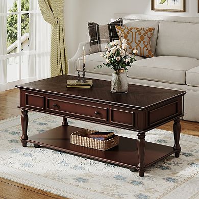Whisen Farmhouse Rectangular Coffee Table with One Drawer, Retro Movable Cocktail Table
