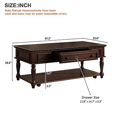 Whisen Farmhouse Rectangular Coffee Table with One Drawer, Retro Movable Cocktail Table