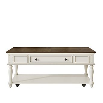 Whisen Farmhouse Rectangular Coffee Table with One Drawer, Retro Movable Cocktail Table