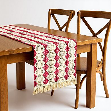 Woven Table Runner with Geometric Diamond Pattern and Fringe Ends