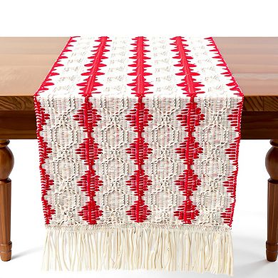 Woven Table Runner with Geometric Diamond Pattern and Fringe Ends