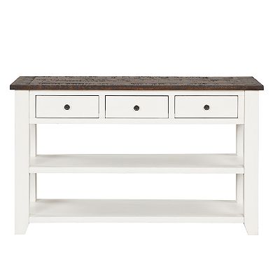 Whisen Solid Pine Wood Top Console Table, Retro Entryway Table with 3 Storage Drawers and 2 Shelves