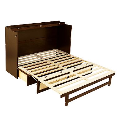 Whisen Queen Murphy Cabinet Bed - Solid Pine with Rattan Accents & Storage Drawer