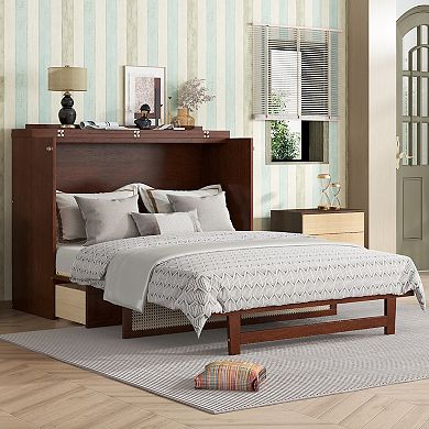 Whisen Queen Murphy Cabinet Bed - Solid Pine with Rattan Accents & Storage Drawer