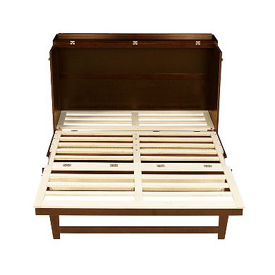 Whisen Queen Murphy Cabinet Bed - Solid Pine with Rattan Accents & Storage Drawer