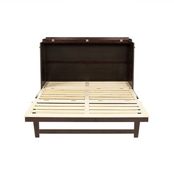 Whisen Queen Murphy Cabinet Bed - Solid Pine with Rattan Accents & Storage Drawer