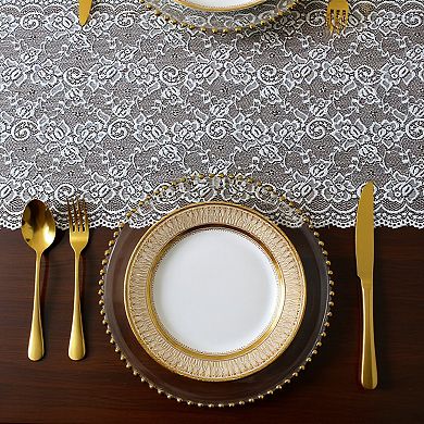 Floral Lace Table Runner with Scalloped Edges and Sheer Overlay