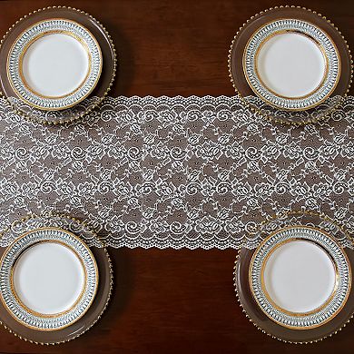 Floral Lace Table Runner with Scalloped Edges and Sheer Overlay