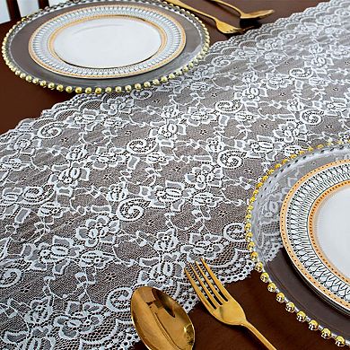 Floral Lace Table Runner with Scalloped Edges and Sheer Overlay