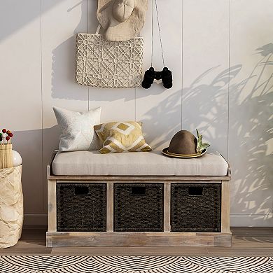 Whisen Rustic Storage Bench with Removable Cushion and 3 Removable Fabric Basket