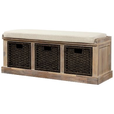 Whisen Rustic Storage Bench with Removable Cushion and 3 Removable Fabric Basket