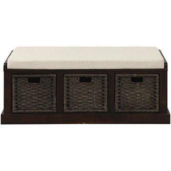 Whisen Rustic Storage Bench with Removable Cushion and 3 Removable Fabric Basket