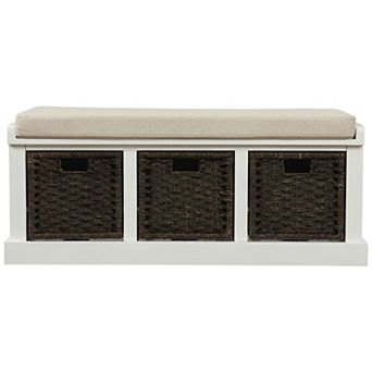 Whisen Rustic Storage Bench with Removable Cushion and 3 Removable Fabric Basket