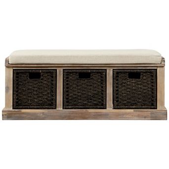 Whisen Rustic Storage Bench with Removable Cushion and 3 Removable Fabric Basket