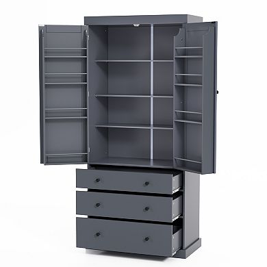 Whisen 77"H Farmhosue Pantry Storage Cabinet with 3 Adjustable Shelves, 8 Door Shelves and 3 Drawers