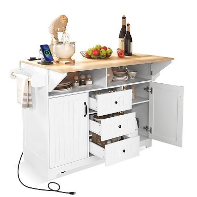 Whisen Modern Kitchen Island with Drop Leaf, Power Outlet and Drawers